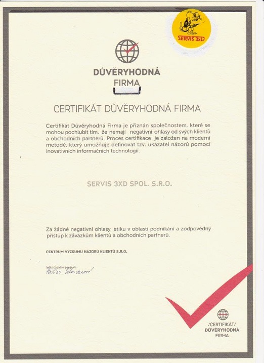 Firma Servis 3xD - certifikat